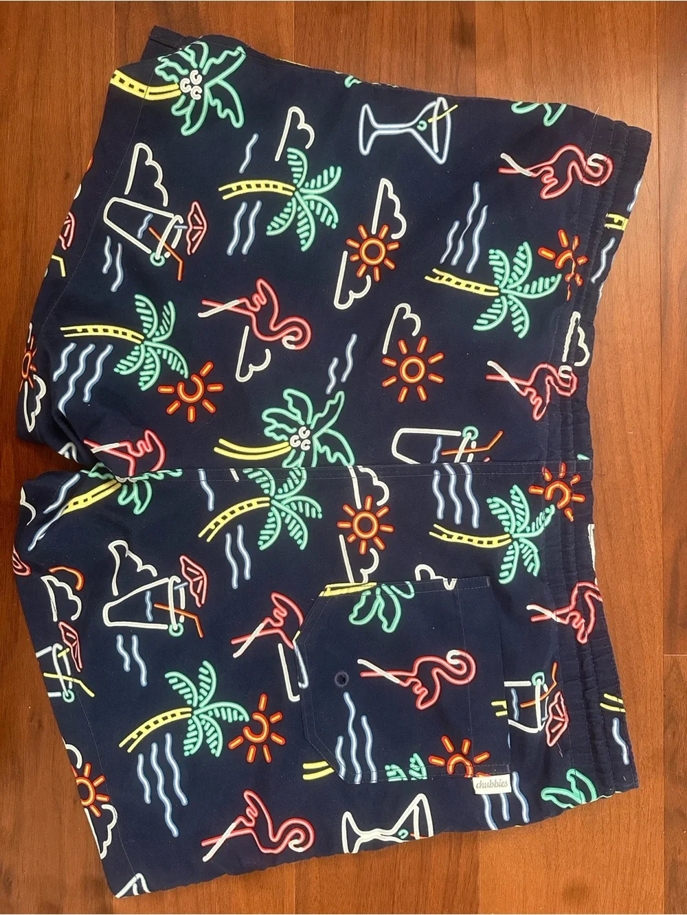 chubbies Navy Swim Trunks with Neon Palm & Flamingo Print